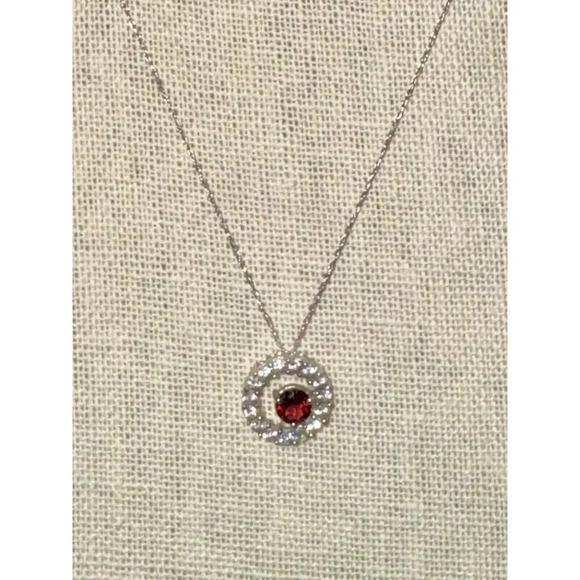 10K White Gold Garnet And White Topaz Gemstone Circle Pendant Necklace 18"